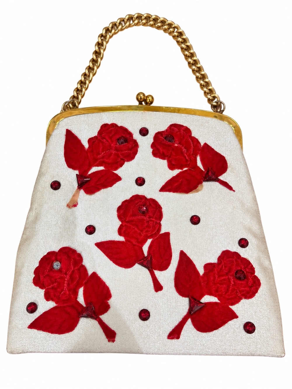 Vintage Jolles Red Floral Appliqué Clutch with Gold Chain Handle